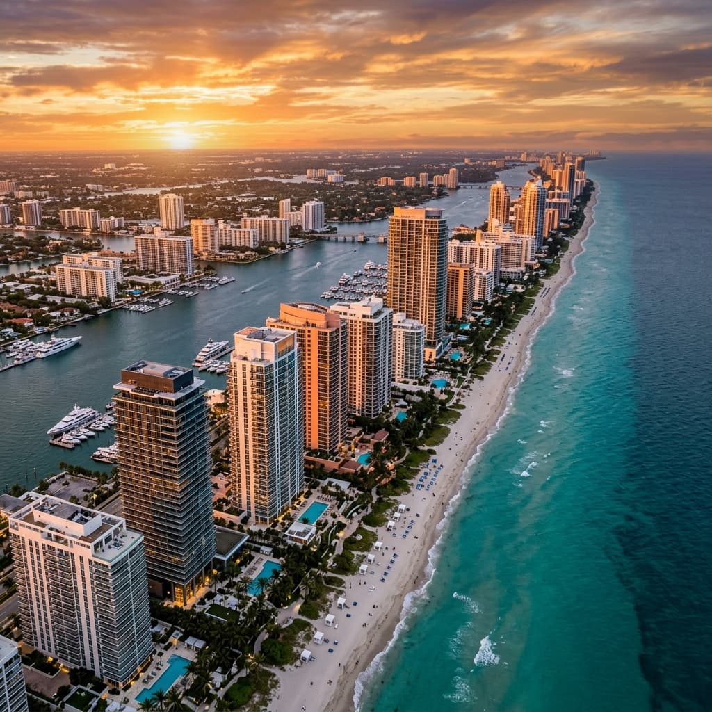 Aerial view of luxury waterfront condominiums and high-rise towers along the South Florida coastline at golden hour
